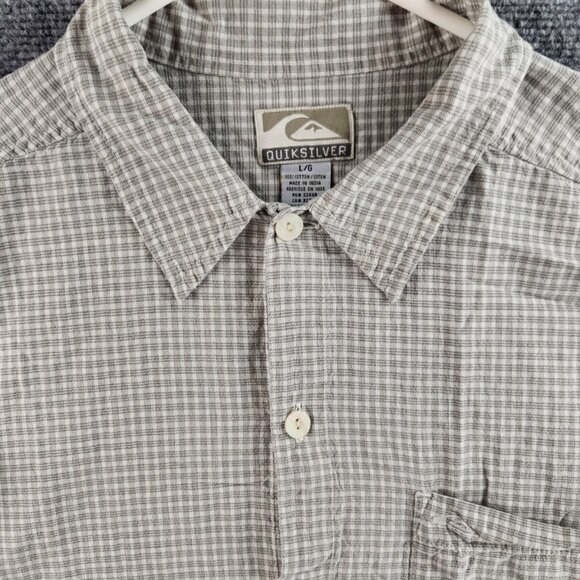 Quiksilver Button Up Shirt Men Short Sleeve Green Check Large Cotton Point Surf - Picture 1 of 13